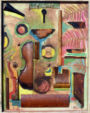 Collages titled "Fougères" by Sylvain Thieurmel, Original Artwork, Oil Mounted on Wood Panel