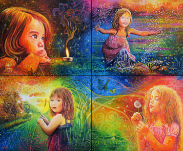 Les 4 Elements - Sylvaine Merlet Peinture intitulée "Les 4 Elements - Sy…" par Peintsyl, Œuvre d'art originale, Acrylique