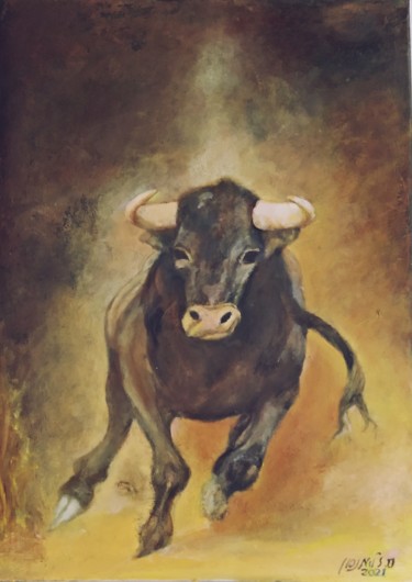 Painting titled "Running Bull" by Sylva Zalmanson, Original Artwork, Acrylic
