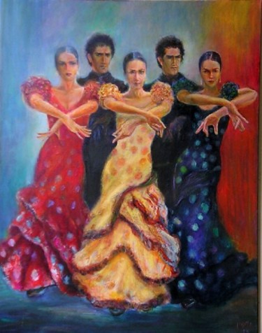Painting titled "Flamenco group danc…" by Sylva Zalmanson, Original Artwork