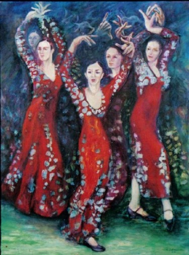 Painting titled "Flamenco group danc…" by Sylva Zalmanson, Original Artwork, Oil