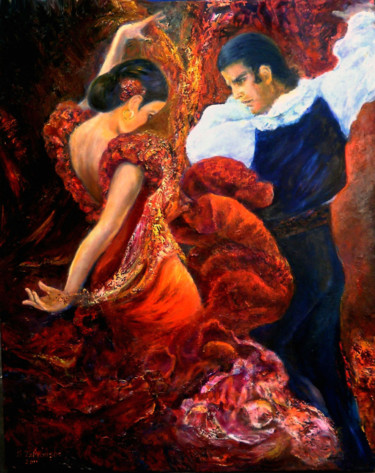 Painting titled "Flamenco couple 2" by Sylva Zalmanson, Original Artwork, Oil