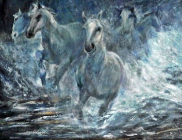 Painting titled "Horses Running In W…" by Sylva Zalmanson, Original Artwork, Oil