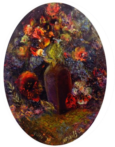 Картина под названием "Flowers in a purple…" - Sylva Zalmanson, Подлинное произведение искусства, Масло