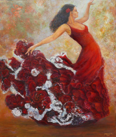 Painting titled "Flamenco dancer in…" by Sylva Zalmanson, Original Artwork, Oil