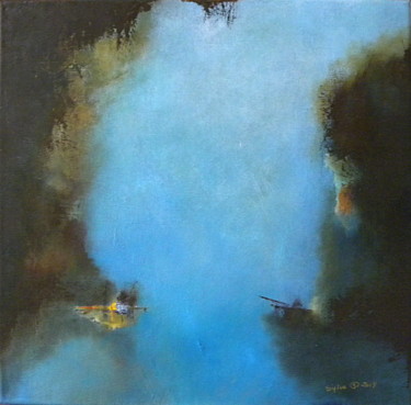 Painting titled "Paysage bleu" by Sylviane Lacroze, Original Artwork, Oil
