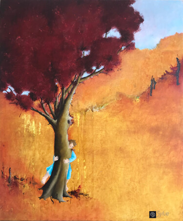 Painting titled "L'arbre retrouvé" by Sylviane Lacroze, Original Artwork, Oil Mounted on Wood Stretcher frame
