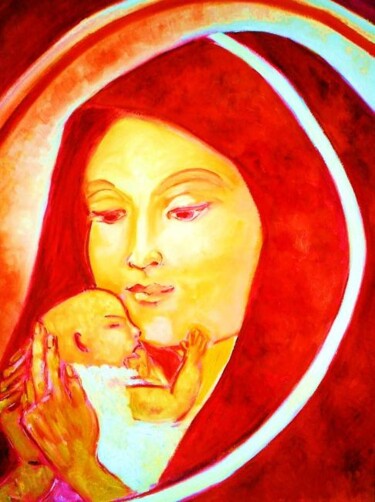 绘画 标题为“Vierge Marie” 由Sylvia Adjabroux, 原创艺术品, 油 安装在木质担架架上