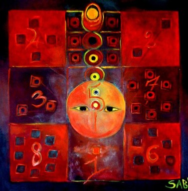 Painting titled "Carré Lo Shu" by Sylvia Adjabroux, Original Artwork, Oil Mounted on Wood Stretcher frame