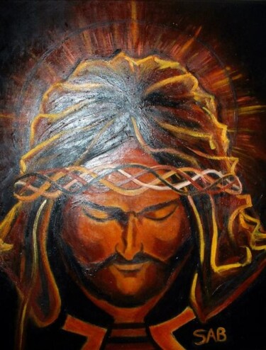 Painting titled "Jésus-Christ" by Sylvia Adjabroux, Original Artwork, Oil Mounted on Wood Stretcher frame