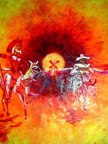Painting titled "Don Quichotte" by Sylvia Adjabroux, Original Artwork, Oil Mounted on Wood Stretcher frame