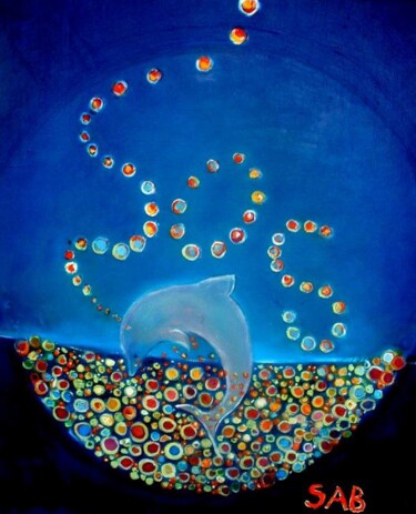 Malerei mit dem Titel "SOS Dauphins" von Sylvia Adjabroux, Original-Kunstwerk, Öl