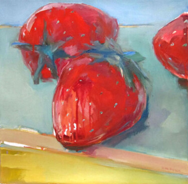 Schilderij getiteld "Fraises" door Sylvia Baldeva, Origineel Kunstwerk, Olie Gemonteerd op Frame voor houten brancard