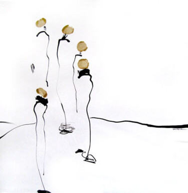 Dessin intitulée "Cinq silhouettes" par Sylvia Baldeva, Œuvre d'art originale, Encre