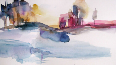 Painting titled "Paysage lointain" by Sylvia Baldeva, Original Artwork, Watercolor