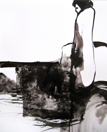 Dessin intitulée "Au bord du rive" par Sylvia Baldeva, Œuvre d'art originale, Encre
