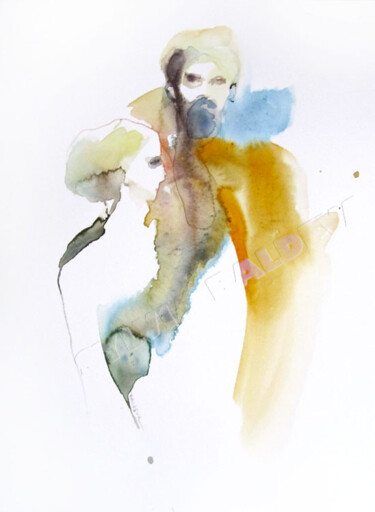 Peinture intitulée "La femme et le barbu" par Sylvia Baldeva, Œuvre d'art originale, Aquarelle