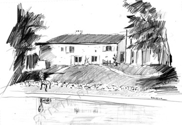 Drawing titled "Maison en Dordogne" by Sylvia Baldeva, Original Artwork, Pencil
