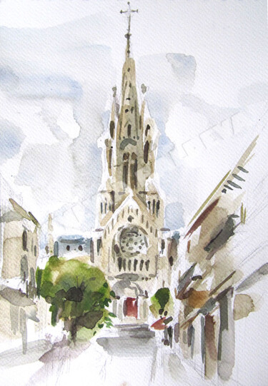 Painting titled "Paris - Eglise Notr…" by Sylvia Baldeva, Original Artwork, Watercolor