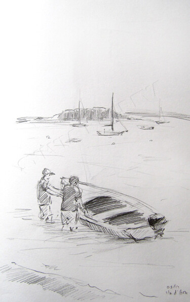 Zeichnungen mit dem Titel "Ile d'Arz - Pêcheurs" von Sylvia Baldeva, Original-Kunstwerk, Bleistift