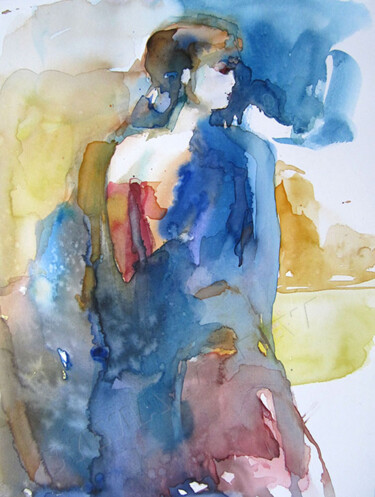 Painting titled "Jeune femme en atte…" by Sylvia Baldeva, Original Artwork, Watercolor