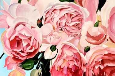 Painting titled "Climbing roses abun…" by Sylvia Eder, Original Artwork, Acrylic Mounted on Wood Stretcher frame