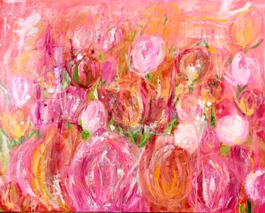 Painting titled "Field of tulips" by Sylvia Eder, Original Artwork, Acrylic Mounted on Wood Stretcher frame