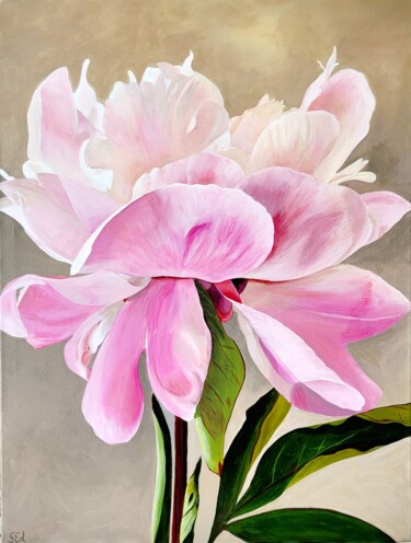 Painting titled "Tender pink peony" by Sylvia Eder, Original Artwork, Acrylic Mounted on Wood Stretcher frame