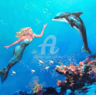 Peinture intitulée "duo-sirene-dauphin-…" par Sylvia Fuet, Œuvre d'art originale