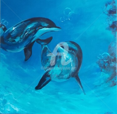 Painting titled "dauphins-80x80x4-cm…" by Sylvia Fuet, Original Artwork, Acrylic