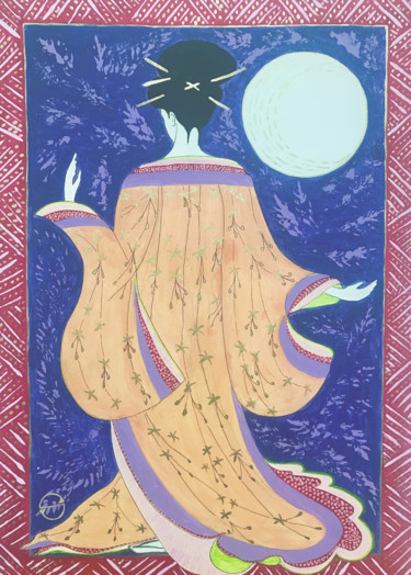 Peinture intitulée "Geisha Lune" par Sylvia Rime, Œuvre d'art originale, Acrylique