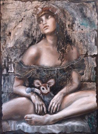 Peinture intitulée "La madone au lapin" par Sylvia Mota, Œuvre d'art originale, Huile Monté sur Châssis en bois