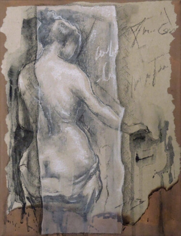 Drawing titled "nu de dos" by Sylvia Mota, Original Artwork, Charcoal Mounted on Wood Stretcher frame