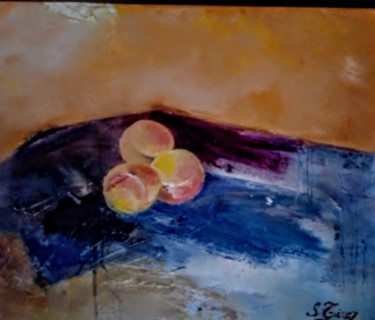 Painting titled "les pêches" by Sylviane Joséphine Tirez, Original Artwork, Oil Mounted on Wood Stretcher frame