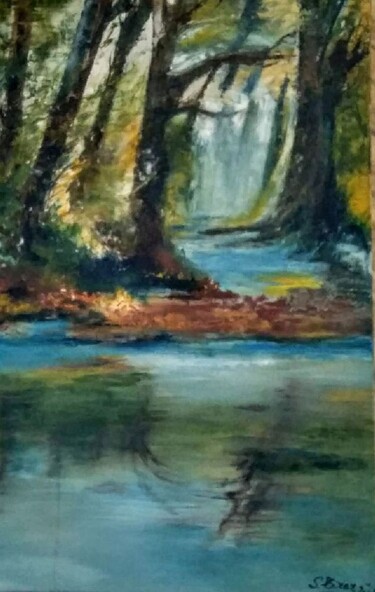 Painting titled "la chute  d'eau en…" by Sylviane Joséphine Tirez, Original Artwork, Oil