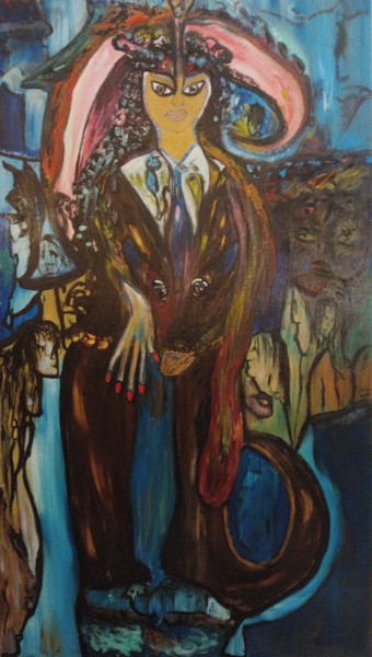 Malerei mit dem Titel "La femme au loup" von Sylviane Dréau (Sylviou), Original-Kunstwerk, Öl