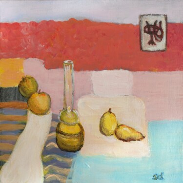 Painting titled "Tissus et Fruits" by Sylviane Dubois, Original Artwork, Acrylic Mounted on Wood Stretcher frame