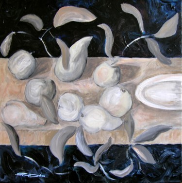 Malarstwo zatytułowany „Pommes et Poires en…” autorstwa Sylviane Dubois, Oryginalna praca, Akryl Zamontowany na Drewniana ra…