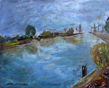 Painting titled "Great Ouse at Dawn" by Sylviane Dubois, Original Artwork, Acrylic Mounted on Wood Stretcher frame