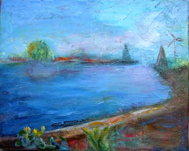 Painting titled "Great Ouse with Yel…" by Sylviane Dubois, Original Artwork, Acrylic Mounted on Wood Stretcher frame