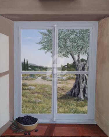 Peinture intitulée "La fenêtre et l'oli…" par Sylvie Artôt, Œuvre d'art originale, Acrylique