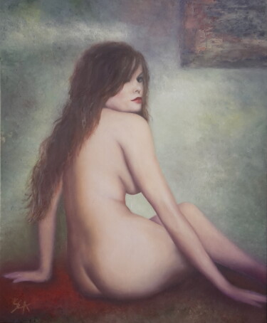 Painting titled "Ensorceleuse" by Sylvie Auvray Comin, Original Artwork, Oil Mounted on Wood Stretcher frame