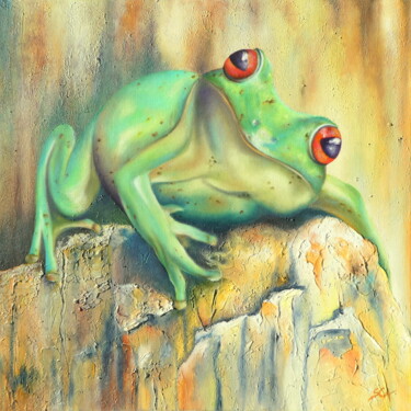 Painting titled "Kermit la Grenouille" by Sylvie Auvray Comin, Original Artwork, Oil Mounted on Wood Stretcher frame