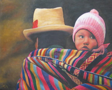 Painting titled "Enfant péruvien au…" by Sylvie Auvray Comin, Original Artwork, Oil