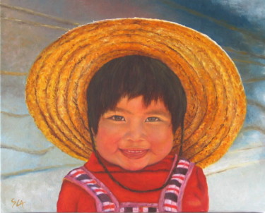 Painting titled "Enfant chilienne" by Sylvie Auvray Comin, Original Artwork, Oil Mounted on Wood Stretcher frame