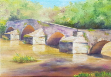 Painting titled "Menat, Pont roman" by Sylvie Auvray Comin, Original Artwork, Oil Mounted on Wood Stretcher frame