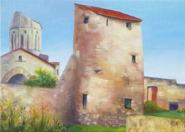 Painting titled "Charroux, Tour pris…" by Sylvie Auvray Comin, Original Artwork, Oil Mounted on Wood Stretcher frame