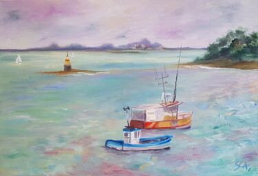 Painting titled "Arzon Port Navallo" by Sylvie Auvray Comin, Original Artwork, Oil Mounted on Wood Stretcher frame