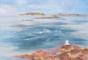 Painting titled "Arzon, Pointe de Bi…" by Sylvie Auvray Comin, Original Artwork, Oil Mounted on Wood Stretcher frame