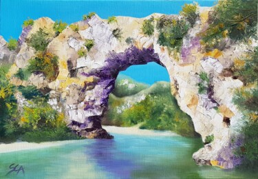 Painting titled "Pont d'Arc" by Sylvie Auvray Comin, Original Artwork, Oil Mounted on Wood Stretcher frame
